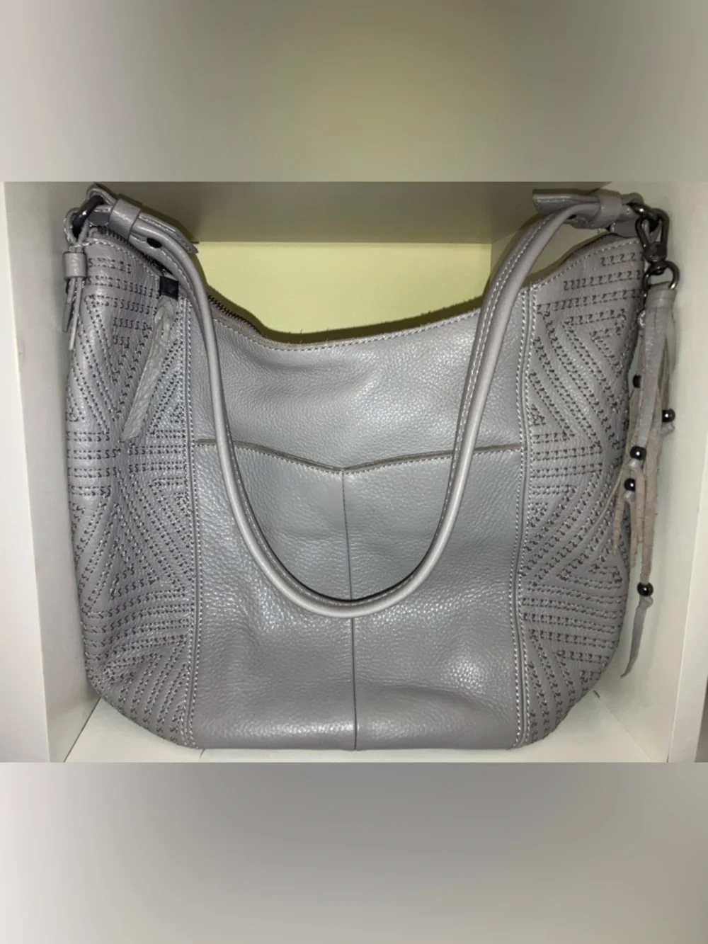 The Sak leather large hobo shoulder bag satchel purse handbag gray tassel charm